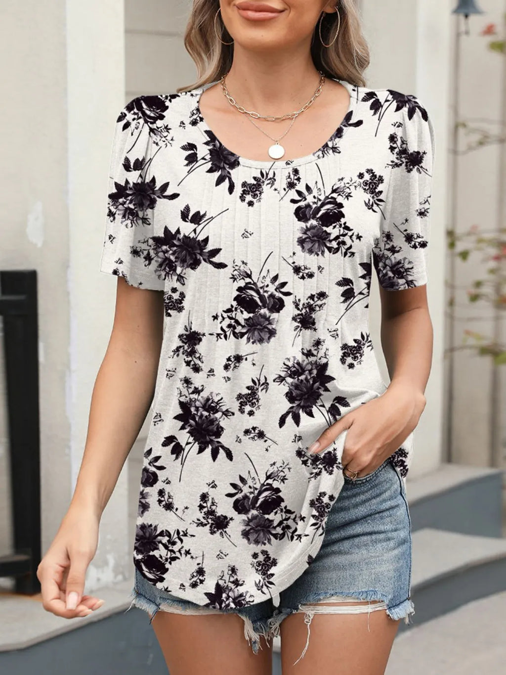 Floral Round Neck Short Sleeve Top (10)