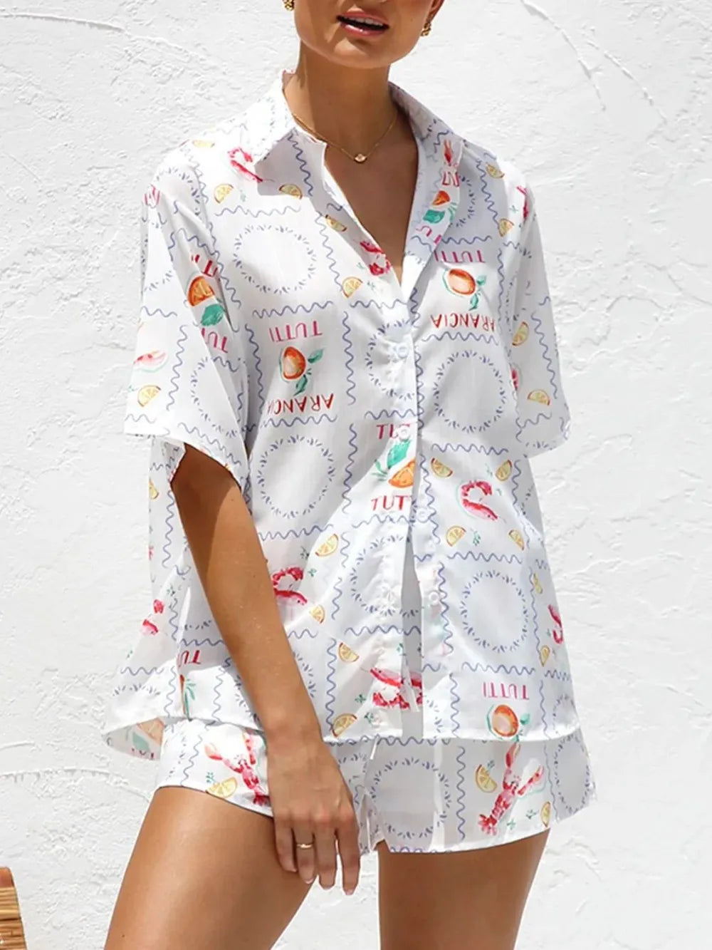 Printed Button Down Short Sleeve Top Shorts Set