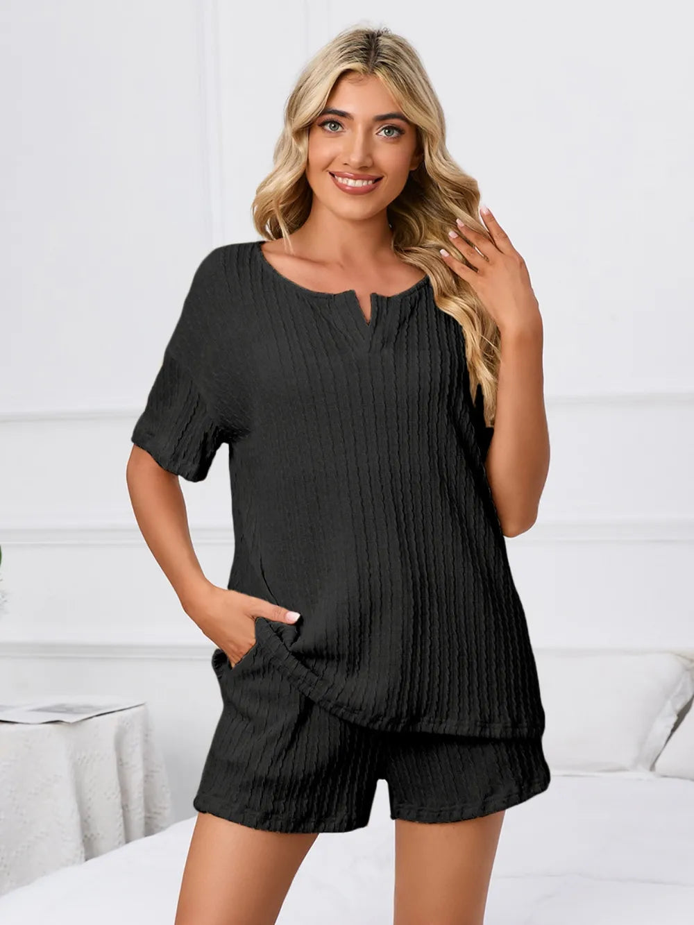 Notched Short Sleeve Shorts Lounge Set (3)