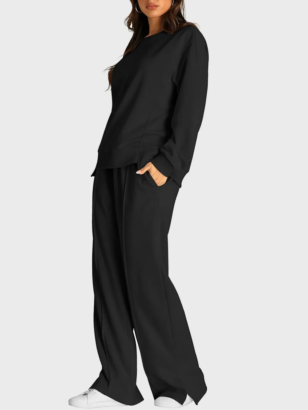 Round Neck Long Sleeve Top Slit Pants Set (7)