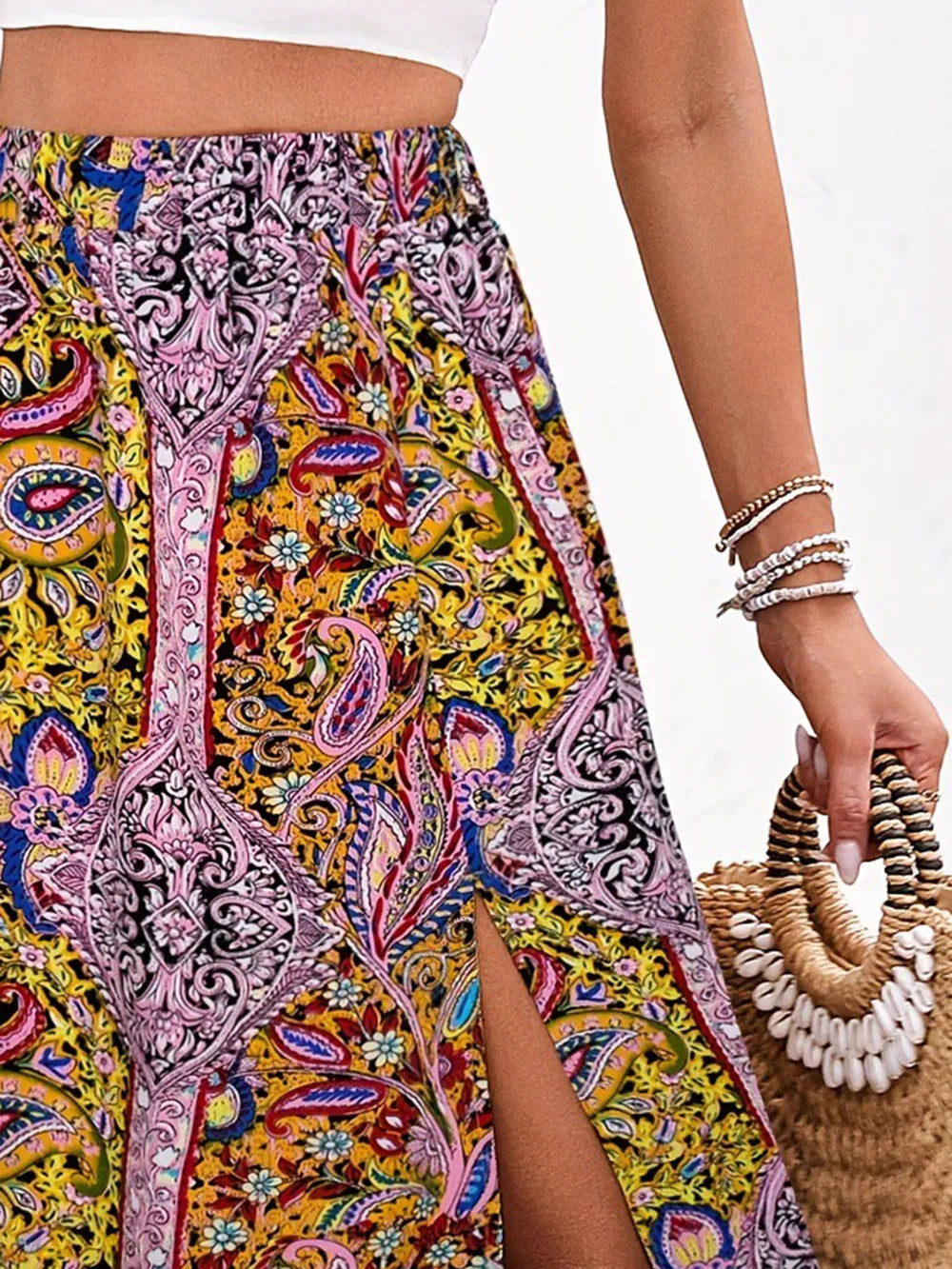 Slit Printed Elastic Waist Skirt (9)