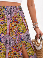 Slit Printed Elastic Waist Skirt (9)