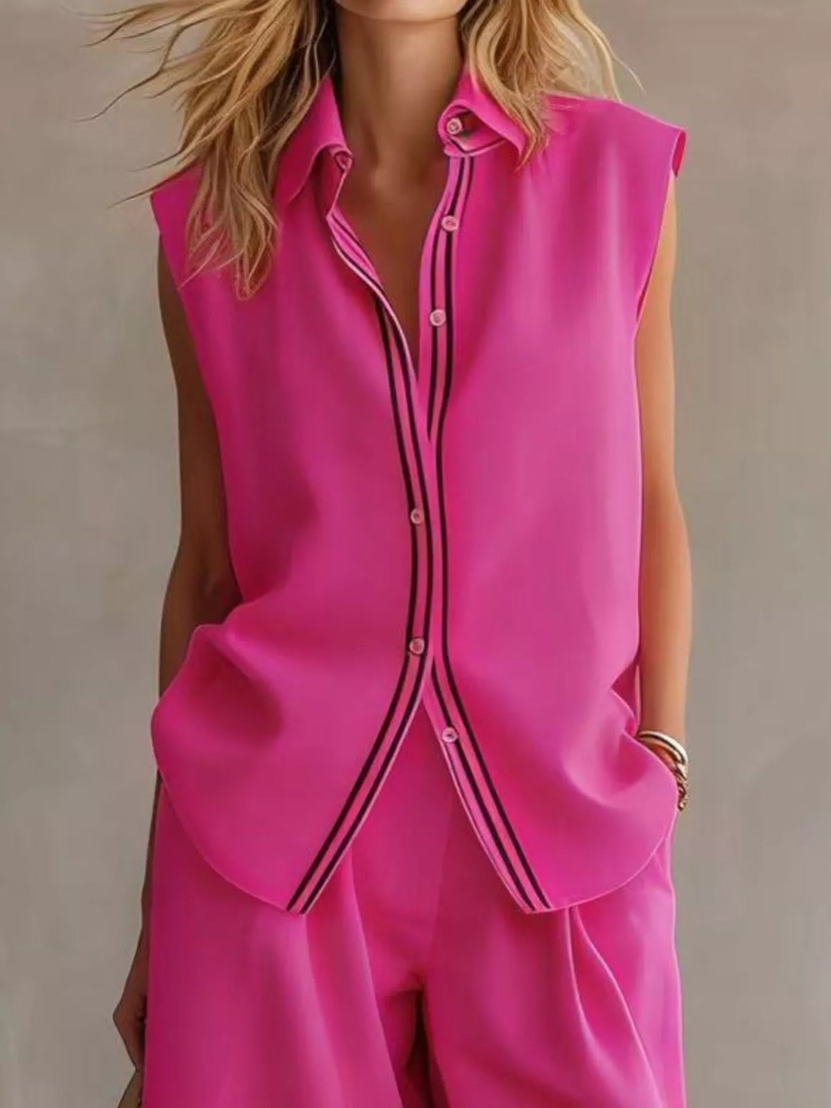 Sleeveless Button Up Top Shorts Set (11)