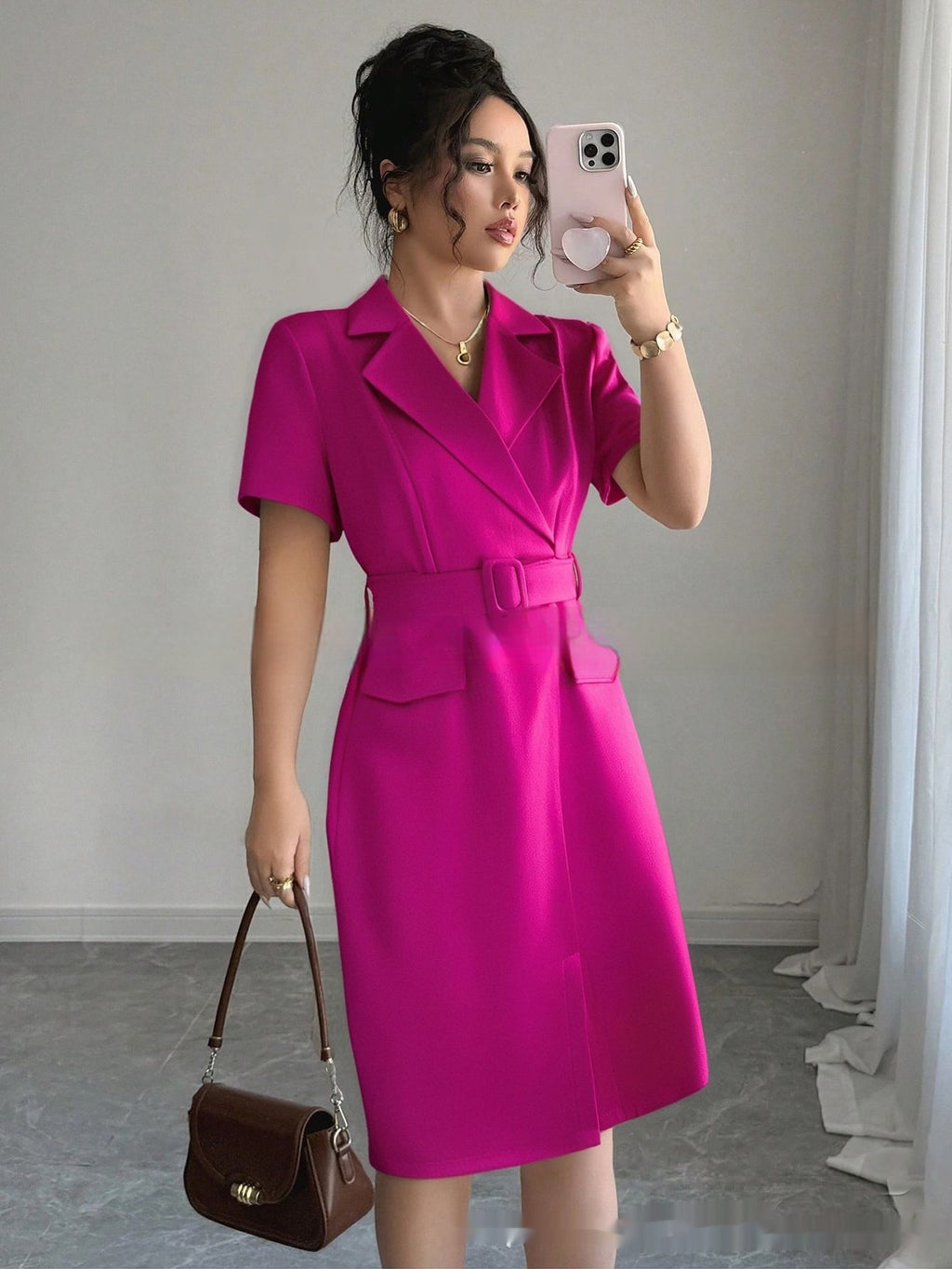 Summer Solid Color Elegant Short Sleeve Shirt Dress photo 4