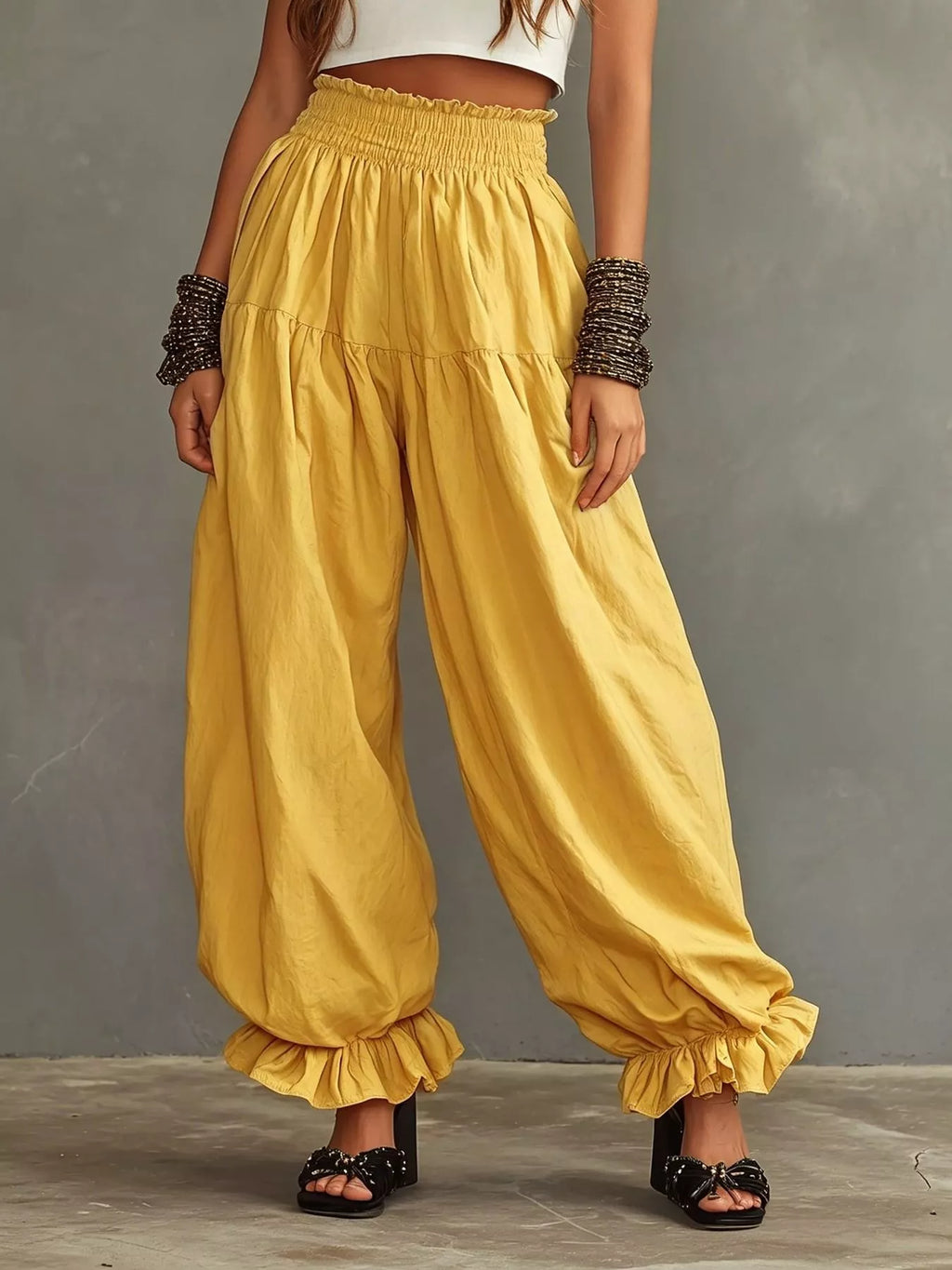 Full Size Smocked Ruffle Hem Wide Leg Pants Plus (7)