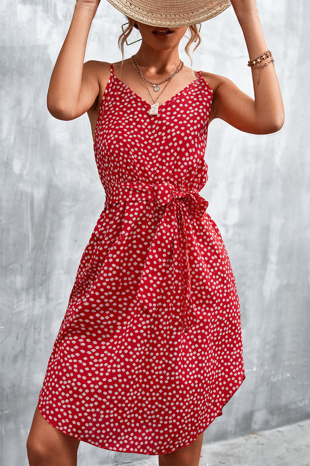Printed V-neck Tie Waist Mini Dress (2)