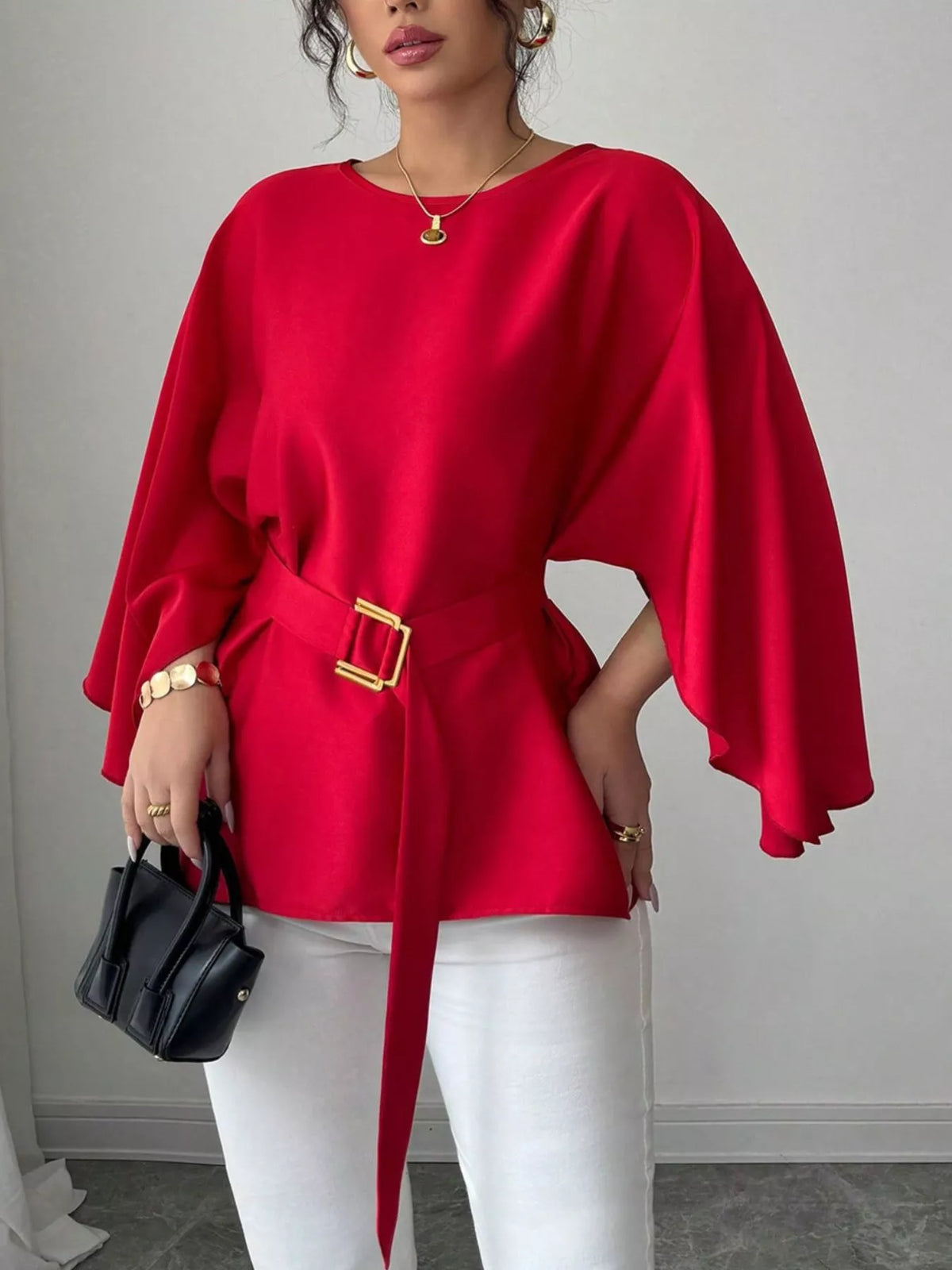 Batwing Sleeve Belted Blouse (13)