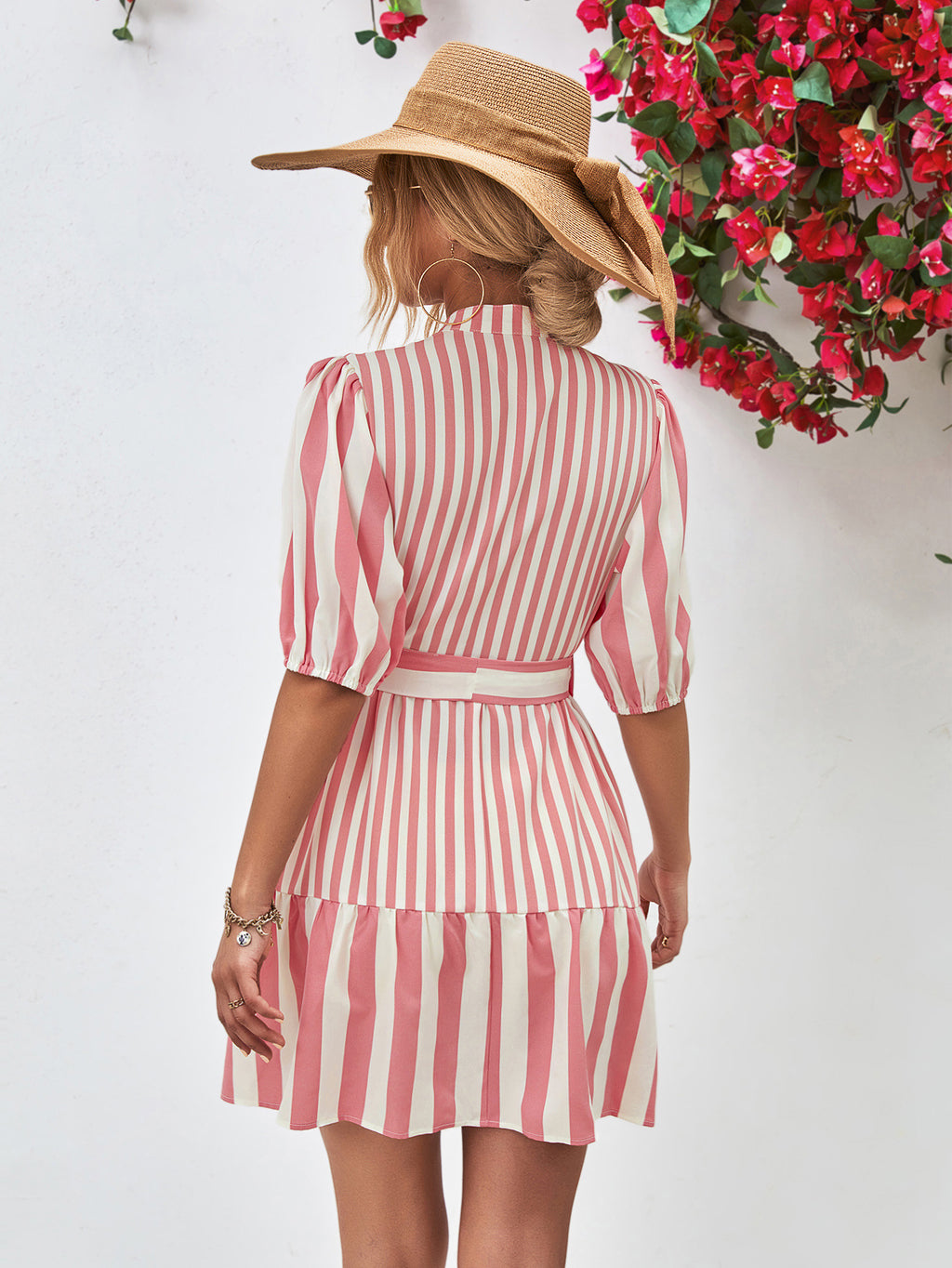 Striped Half Sleeve Tie Waist Mini Dress (2)