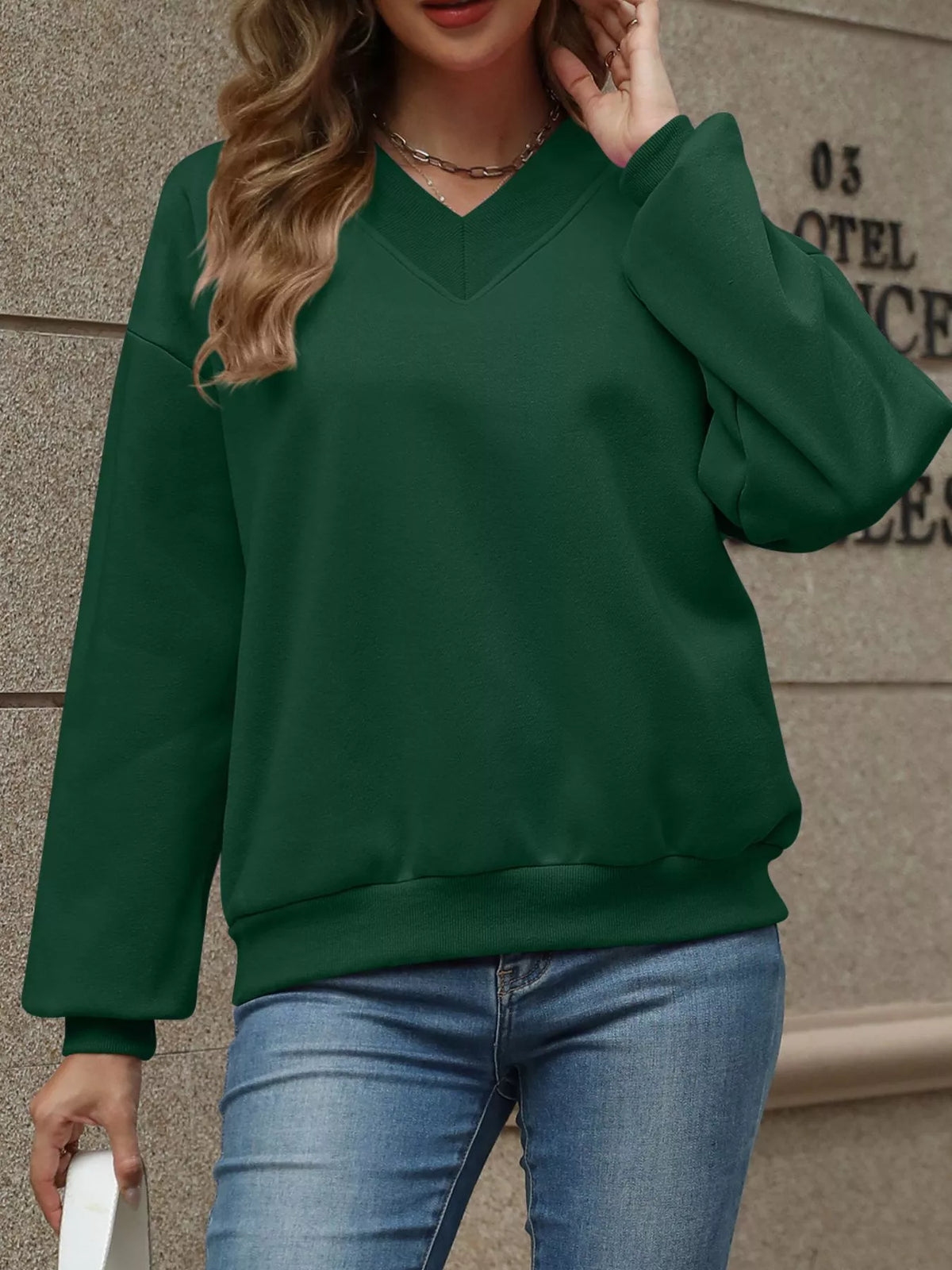 V-neck Solid Color Casual Sweatshirt (32)