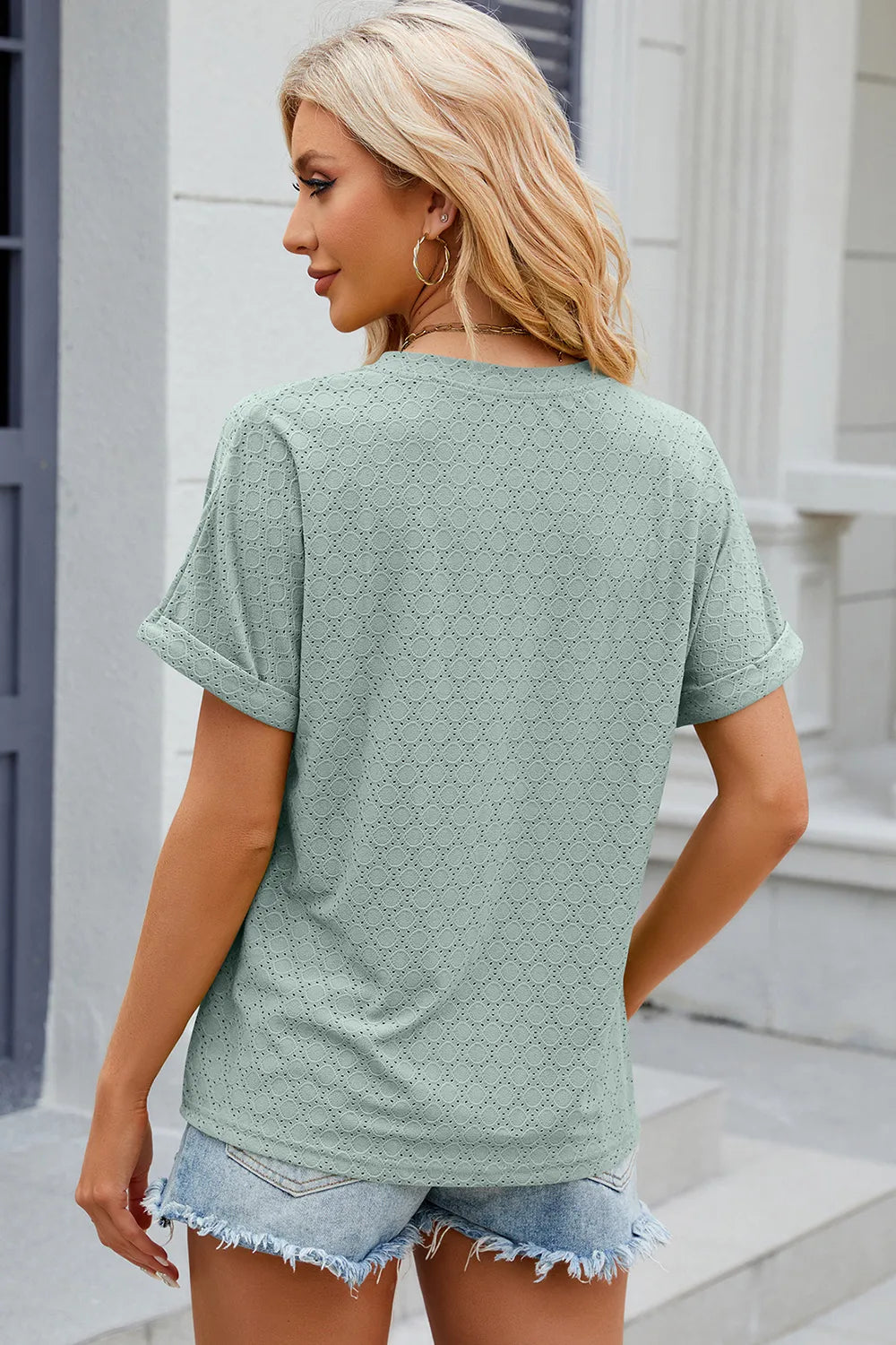 Eyelet Notched Short Sleeve T-shirt (16)