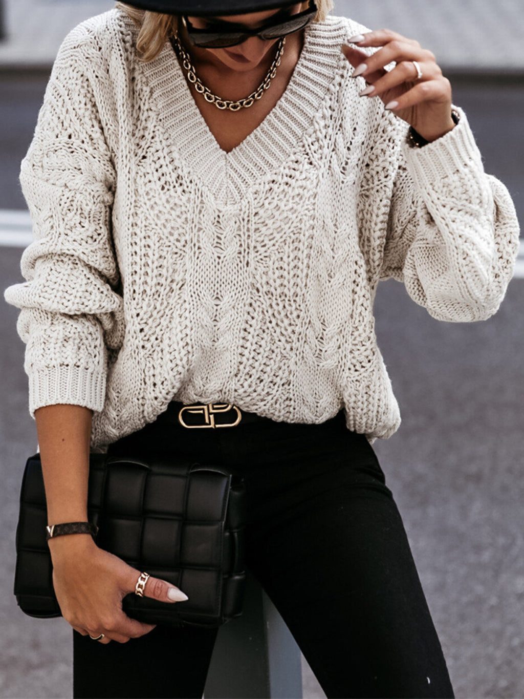V-neck Cable-knit Long Sleeve Sweater (2)