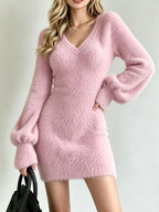 Fuzzy V-neck Long Sleeve Sweater Dress