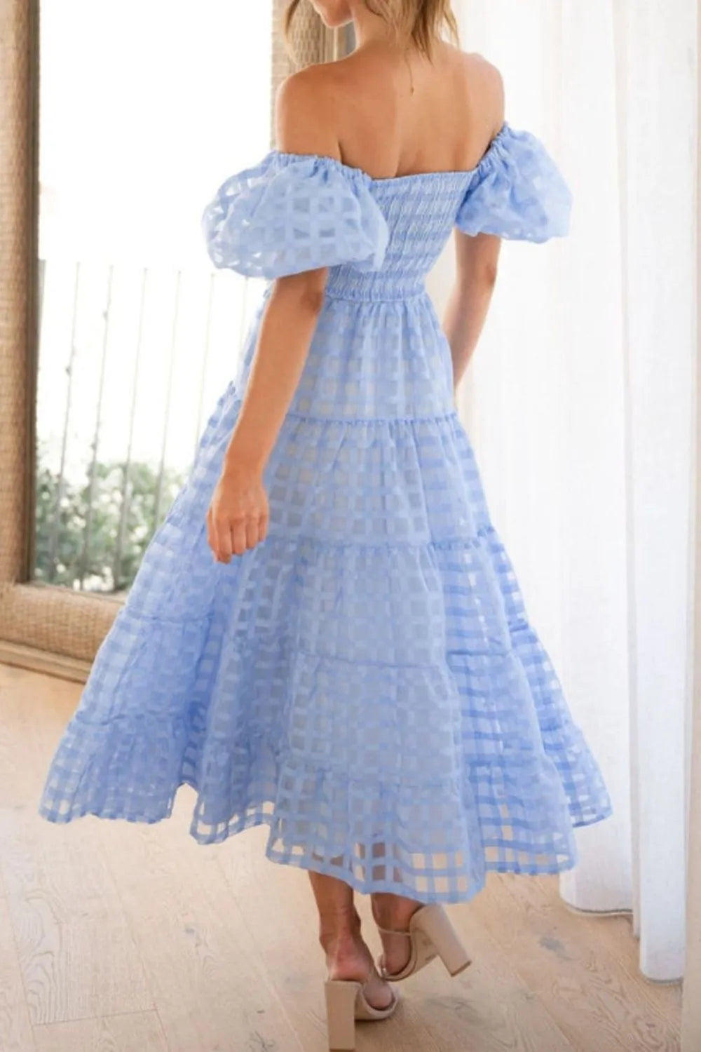 Off Shoulder Short Puff Sleeve Midi Dress (34)