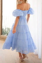 Off Shoulder Short Puff Sleeve Midi Dress (34)