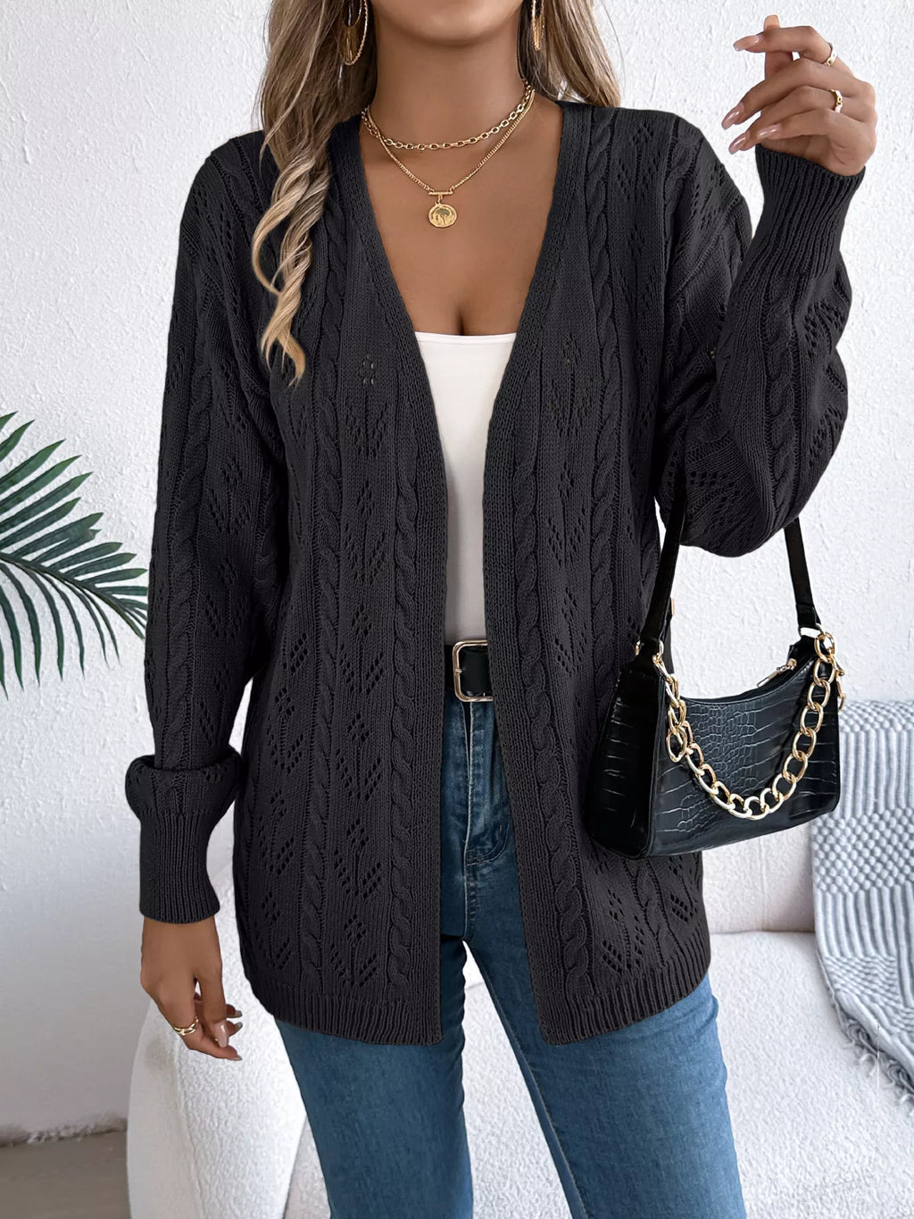 Openwork Open Front Long Sleeve Cardigan (6)