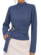 Mock Neck Blouse Waist-defining Metal Buckle Detail (12)