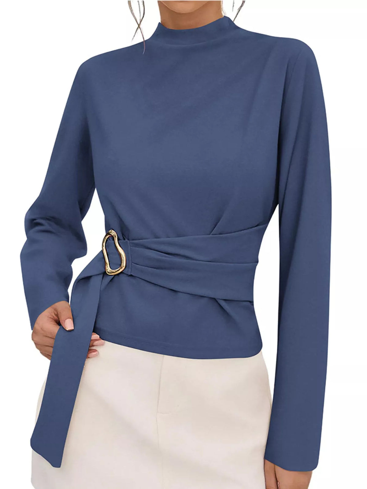 Mock Neck Blouse Waist-defining Metal Buckle Detail (12)