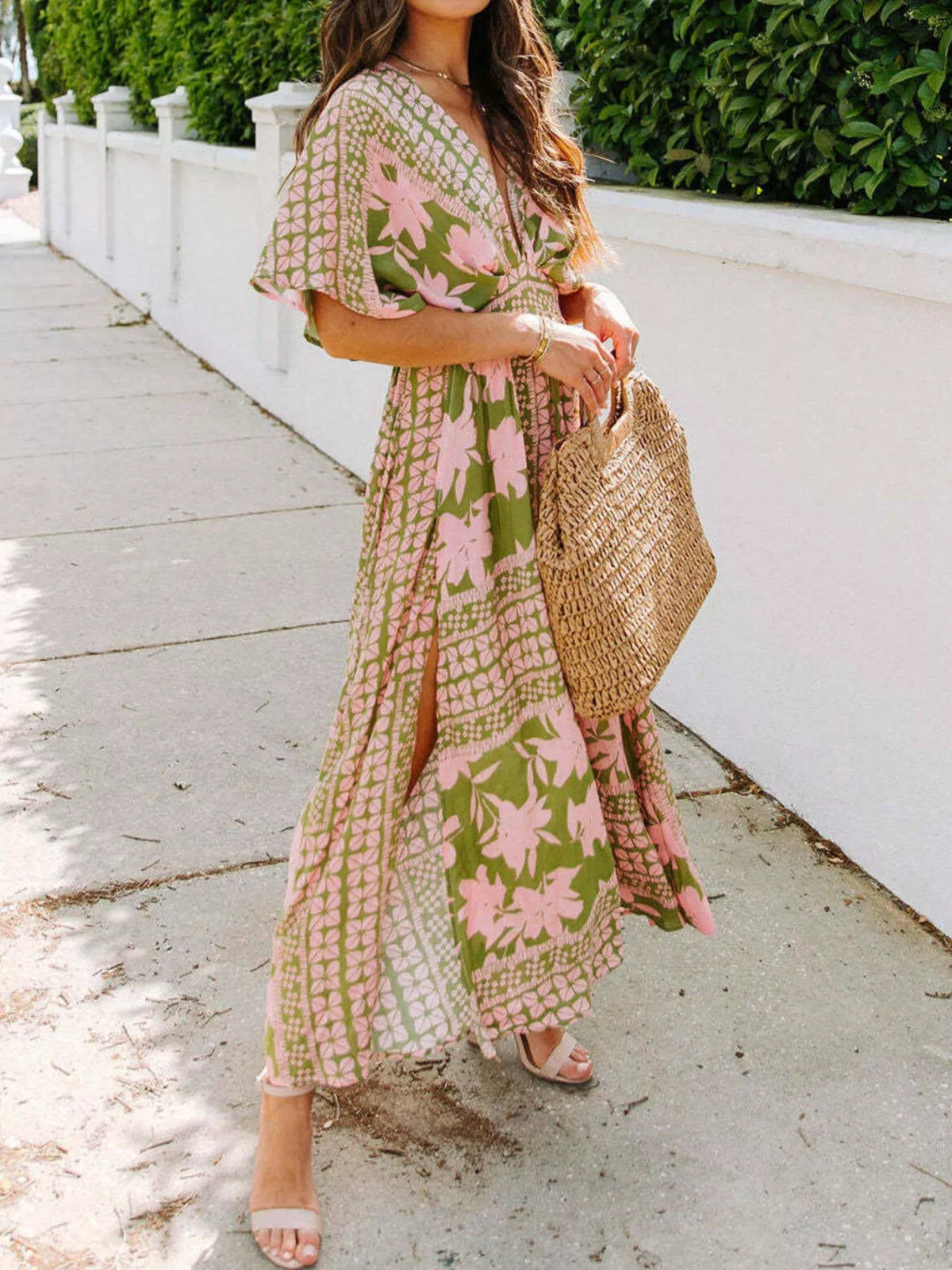 Floral Print V-neck High Slit Maxi Dress (4)