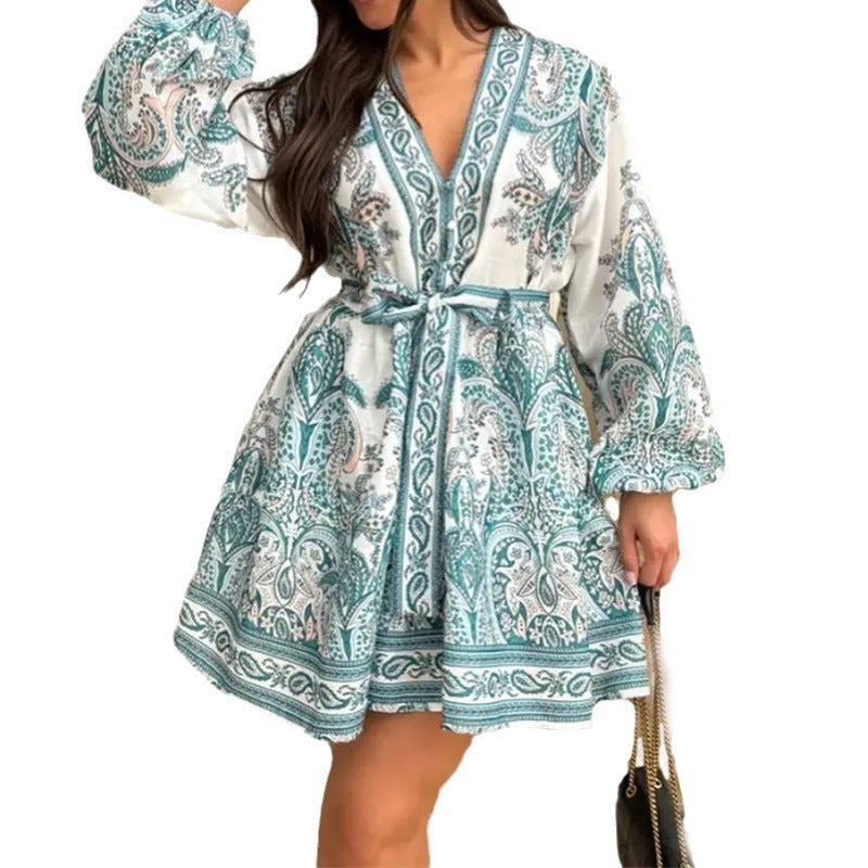 Elegant V-neck Loose Lace-up Casual Dress photo 3
