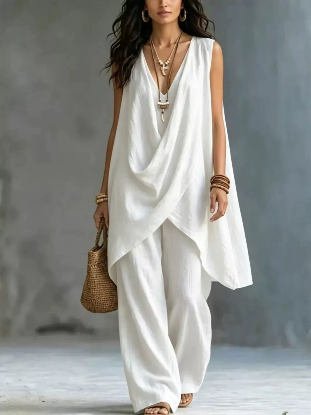 Sleeveless Asymmetrical Top Wide-leg Pants Set