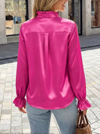Elegant Button Down Ruffle Trim Satin Shirt (10)