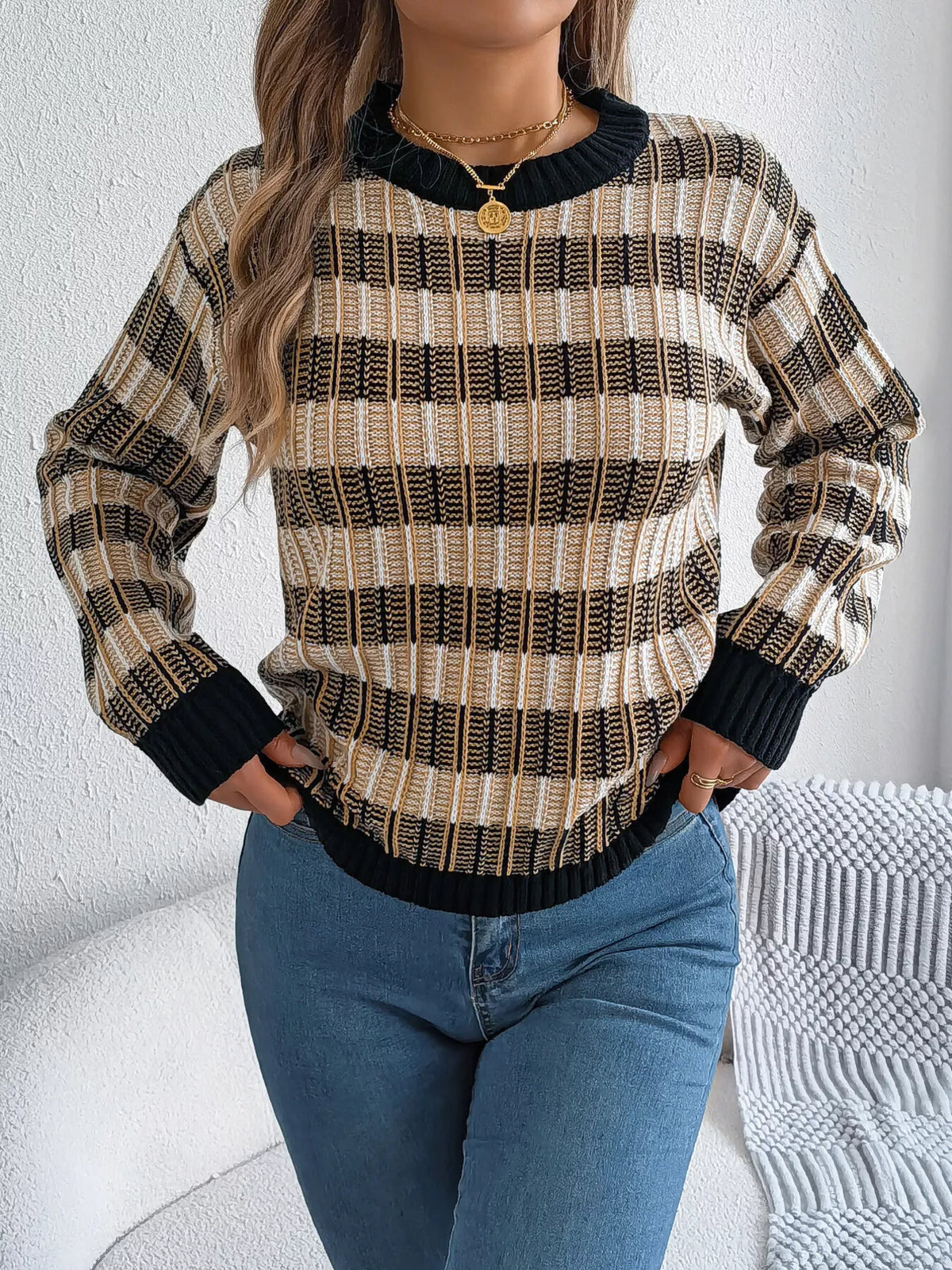 Striped Round Neck Long Sleeve Sweater (11)