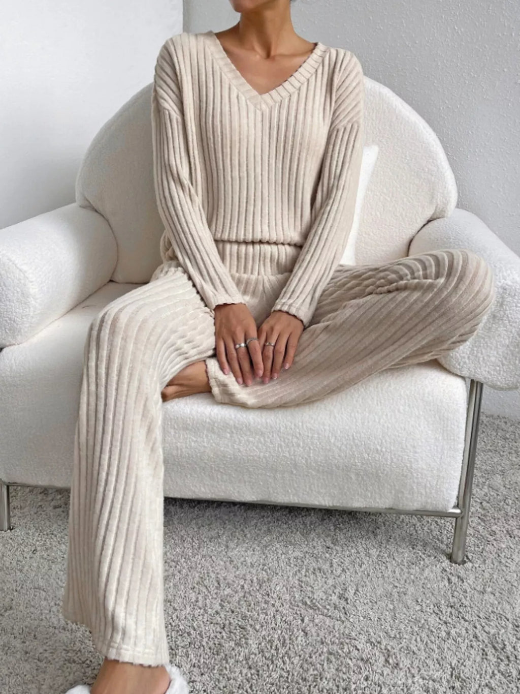Ribbed Knit Long Sleeve Top Pants Set (2)