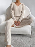 Ribbed Knit Long Sleeve Top Pants Set (2)