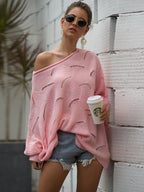 Full Size Boat Neck Lantern Sleeve Openwork Knit Top (9)