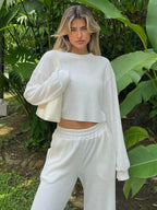 Waffle-knit Round Neck Top Pants Set (4)