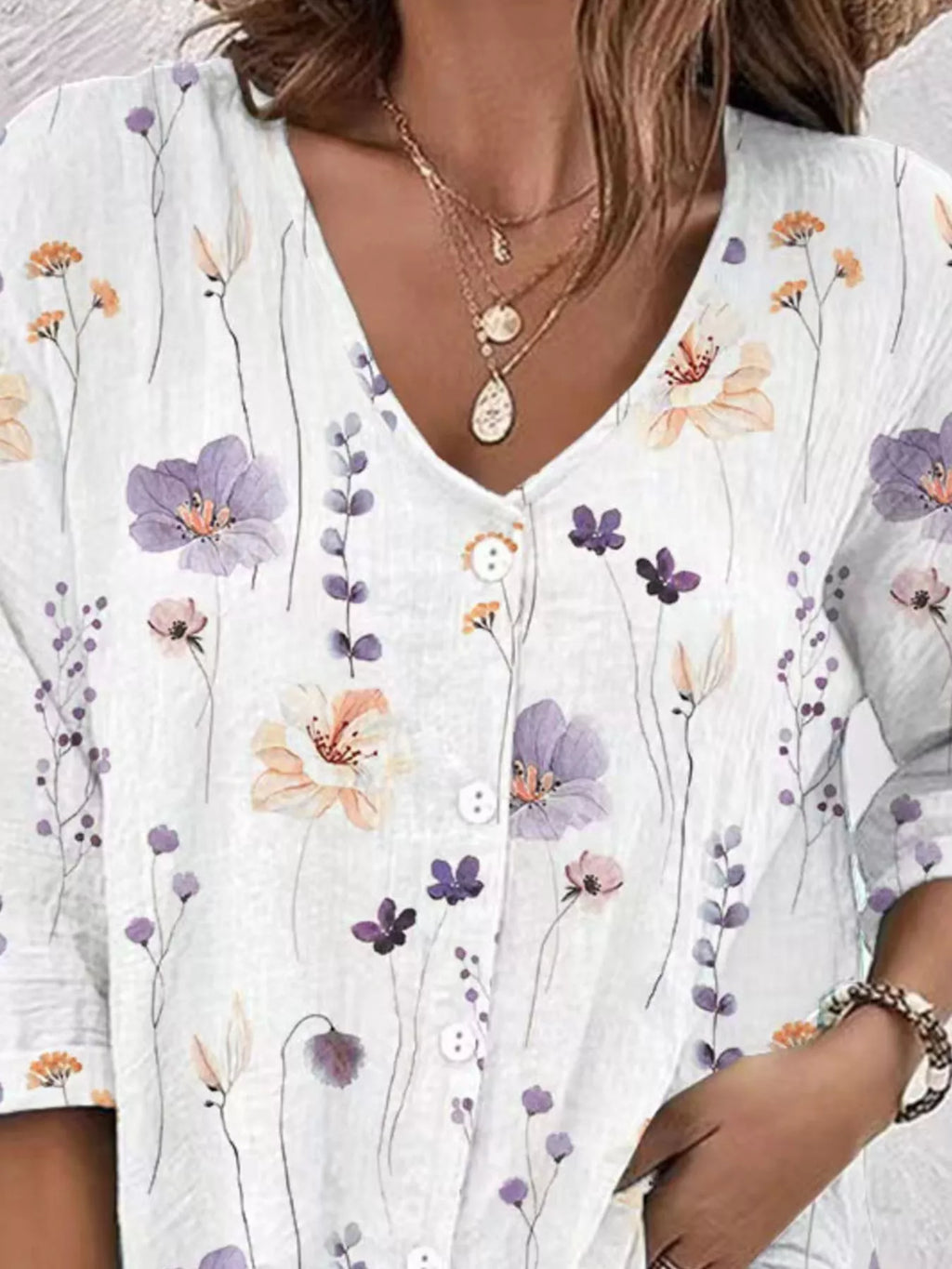 Floral Print V-neck Button-down Shirt (5)