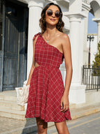 Grid One-shoulder Tied Cutout Dress (10)