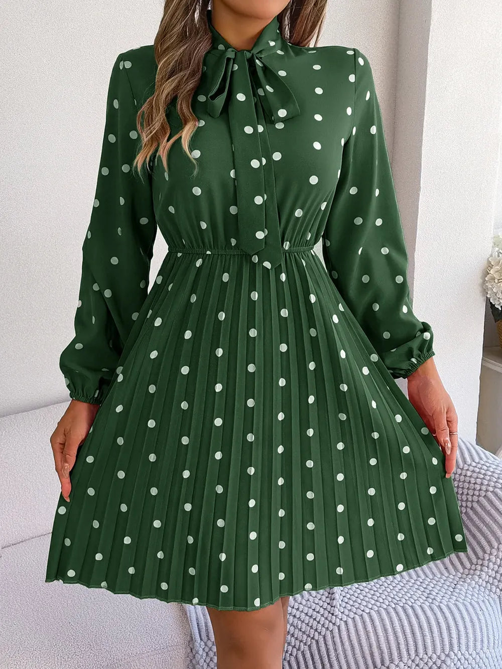Polka Dot Tie Neck Pleated Dress (21)