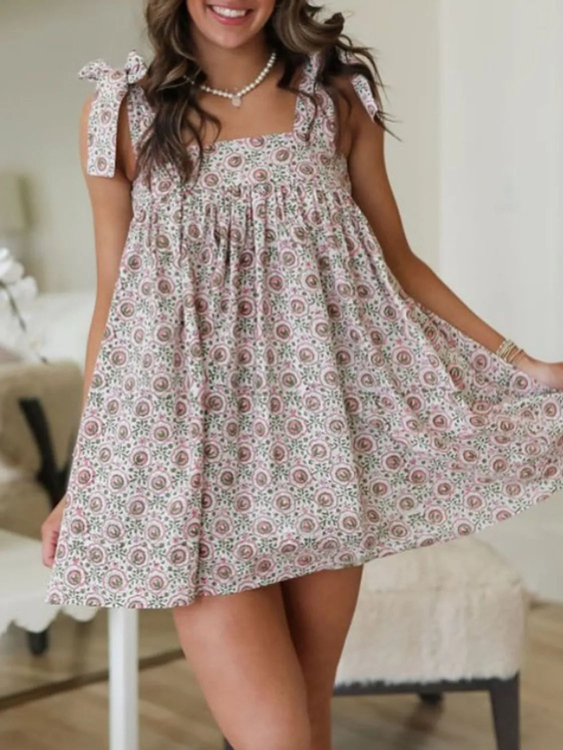 Printed Square Neck Tie Shoulder Mini Dress (12)