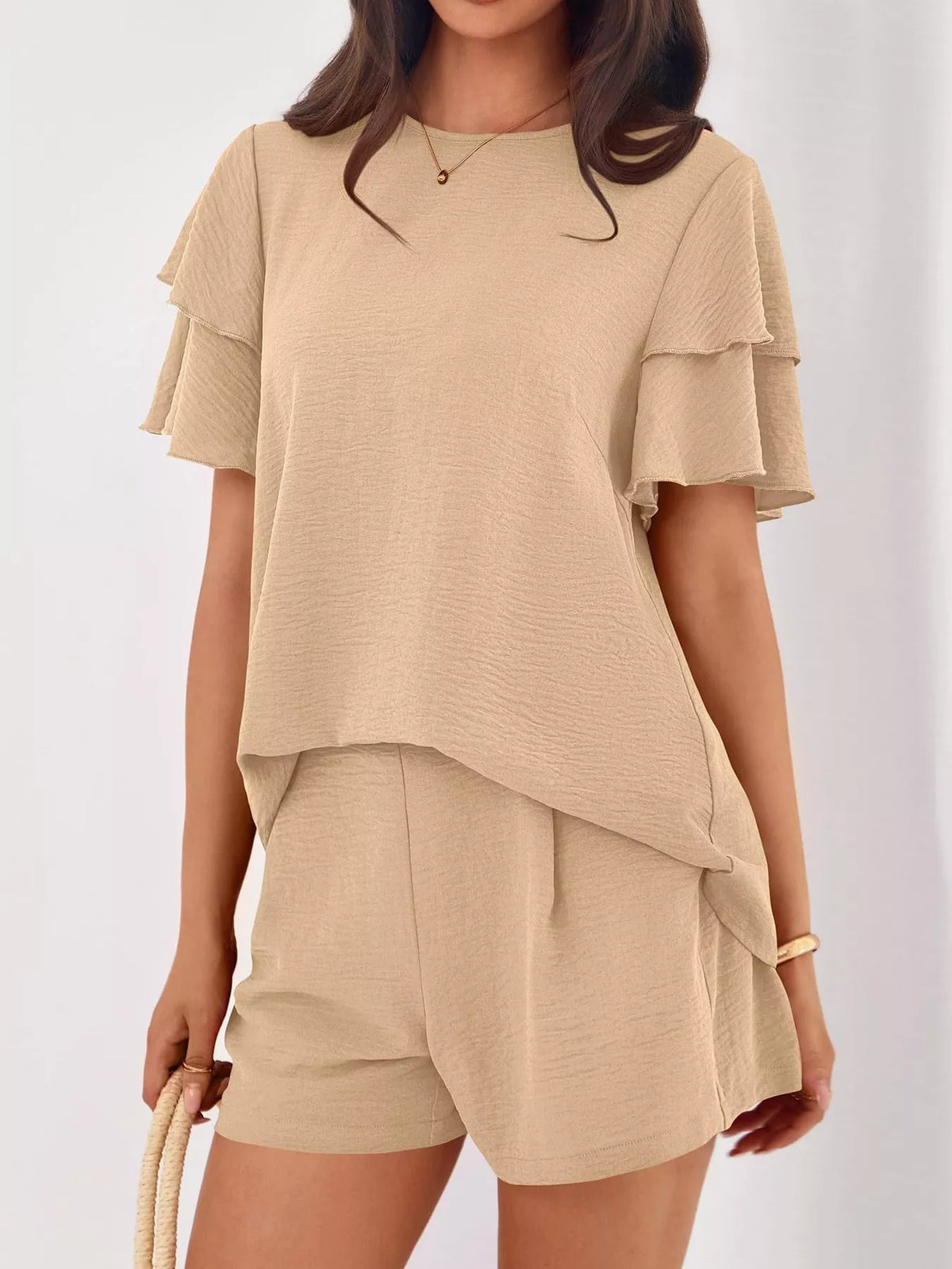 Ruffle Sleeve Top Shorts Two-piece Set (22)