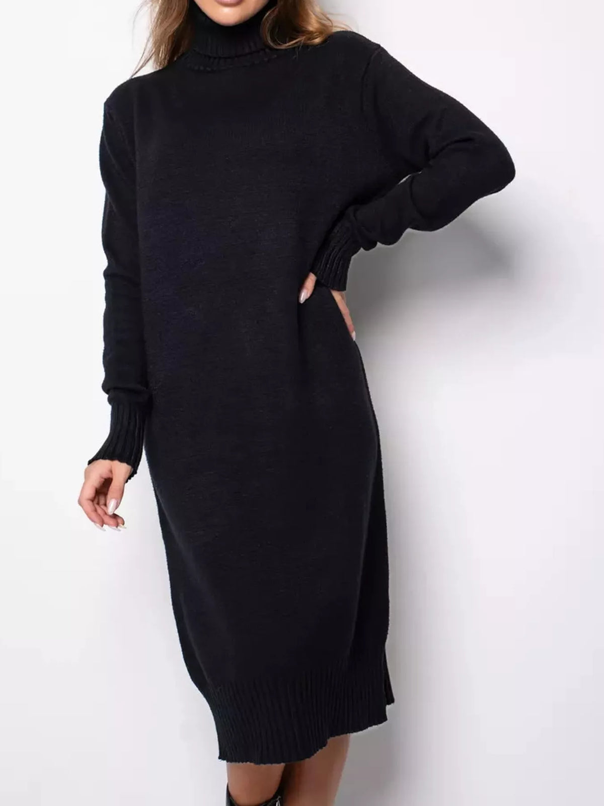 Turtleneck Ribbed Knit Sweater Dress (4)