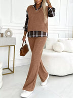 Ribbed Knit Plaid Sleeve Top Pants Set (7)