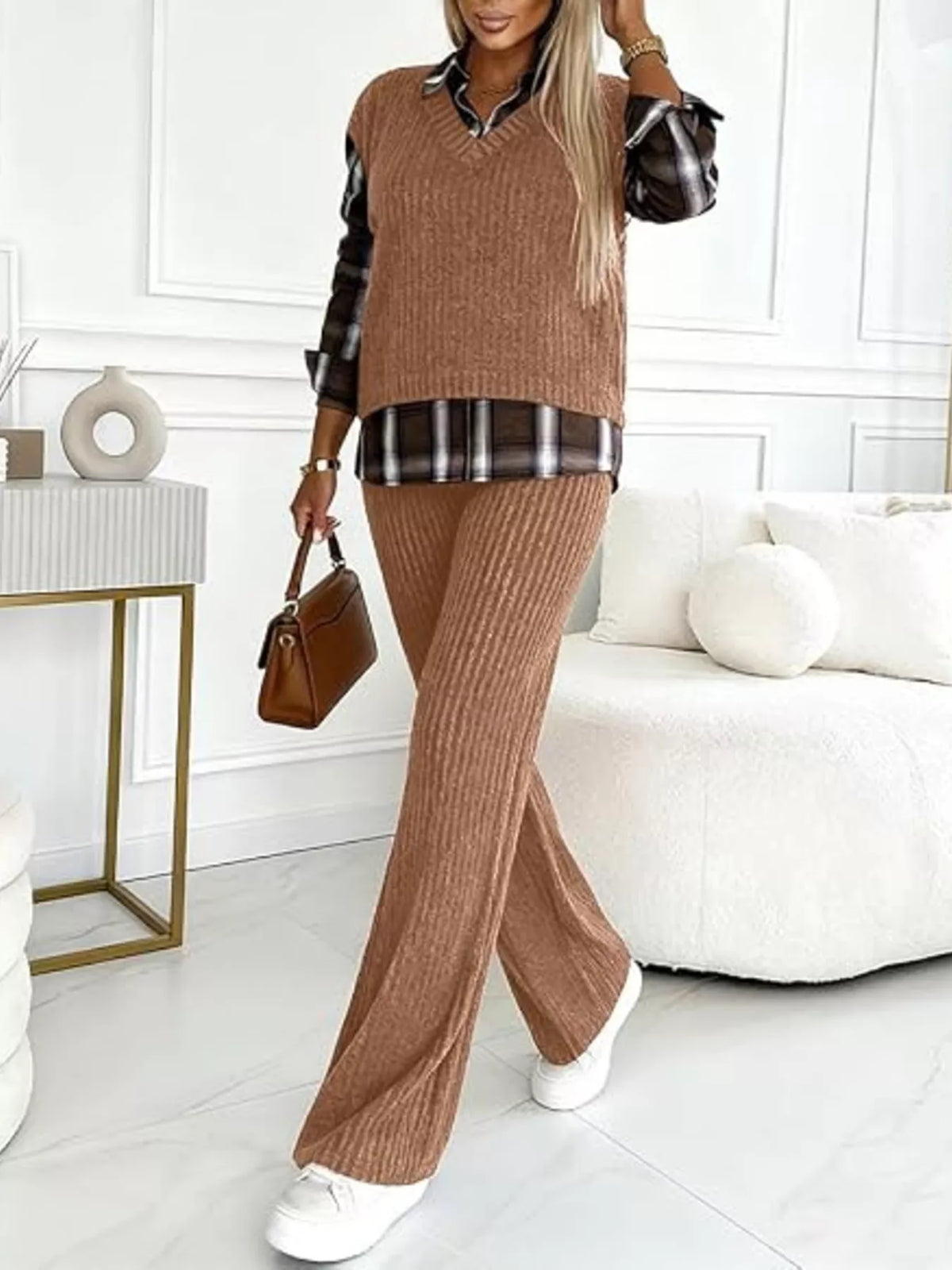 Ribbed Knit Plaid Sleeve Top Pants Set (7)