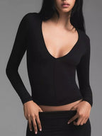 V-neck Long Sleeve Crop T-shirt (2)