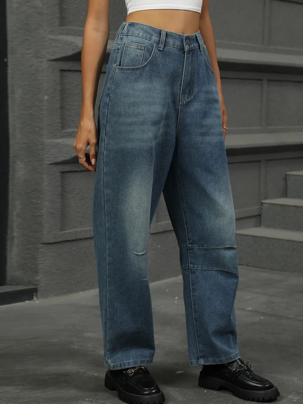 Half Elastic Waist Straight Leg Jeans (14)