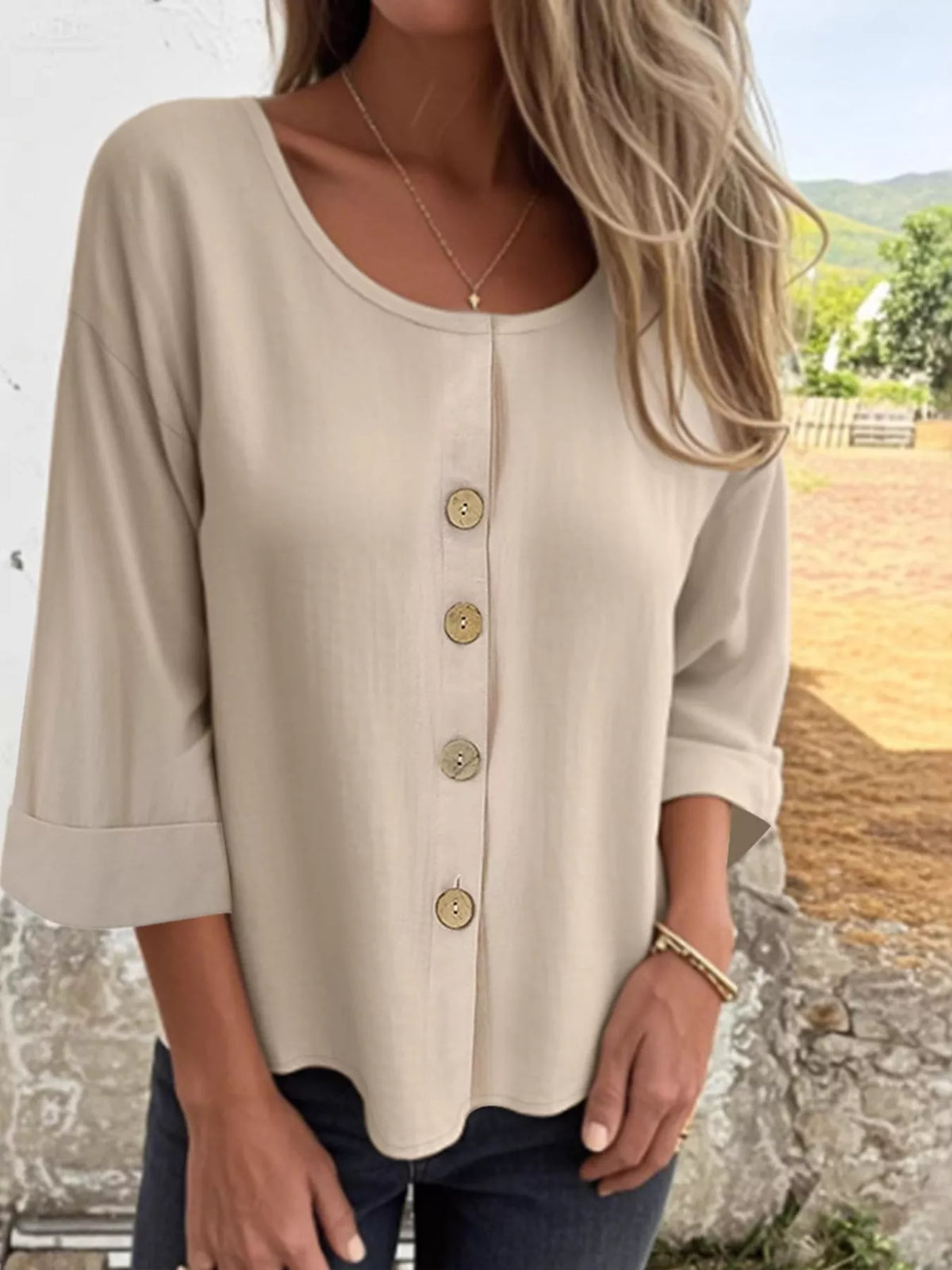 Full Size Button-front 3/4 Sleeve Casual Blouse Plus
