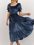 Velvet Smocked Tiered Midi Dress (2)