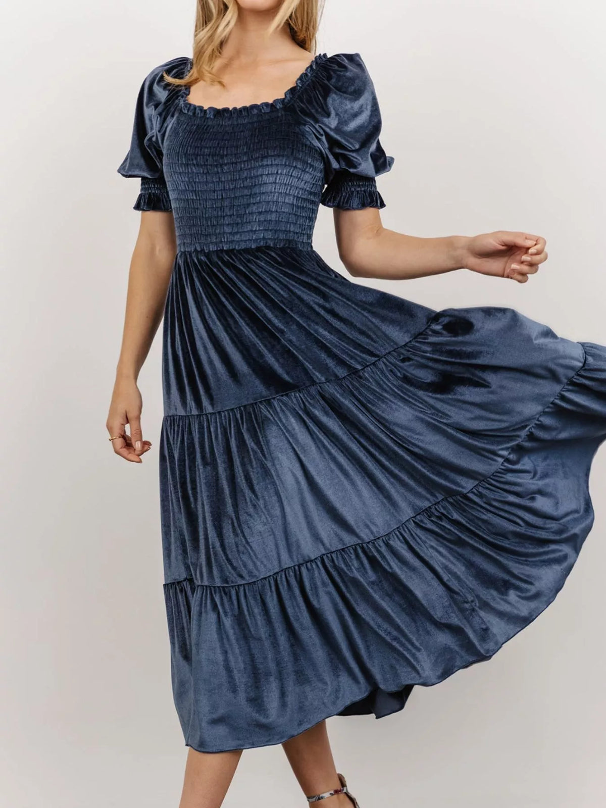 Velvet Smocked Tiered Midi Dress (2)