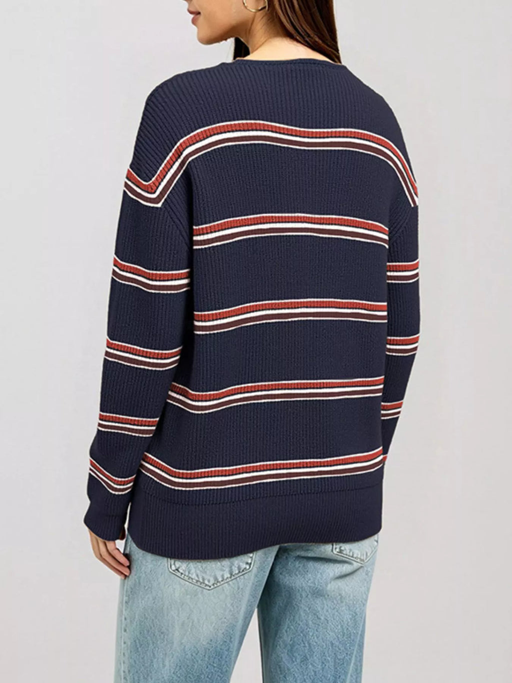 Striped Ribbed Knit Top Keyhole Neckline (2)