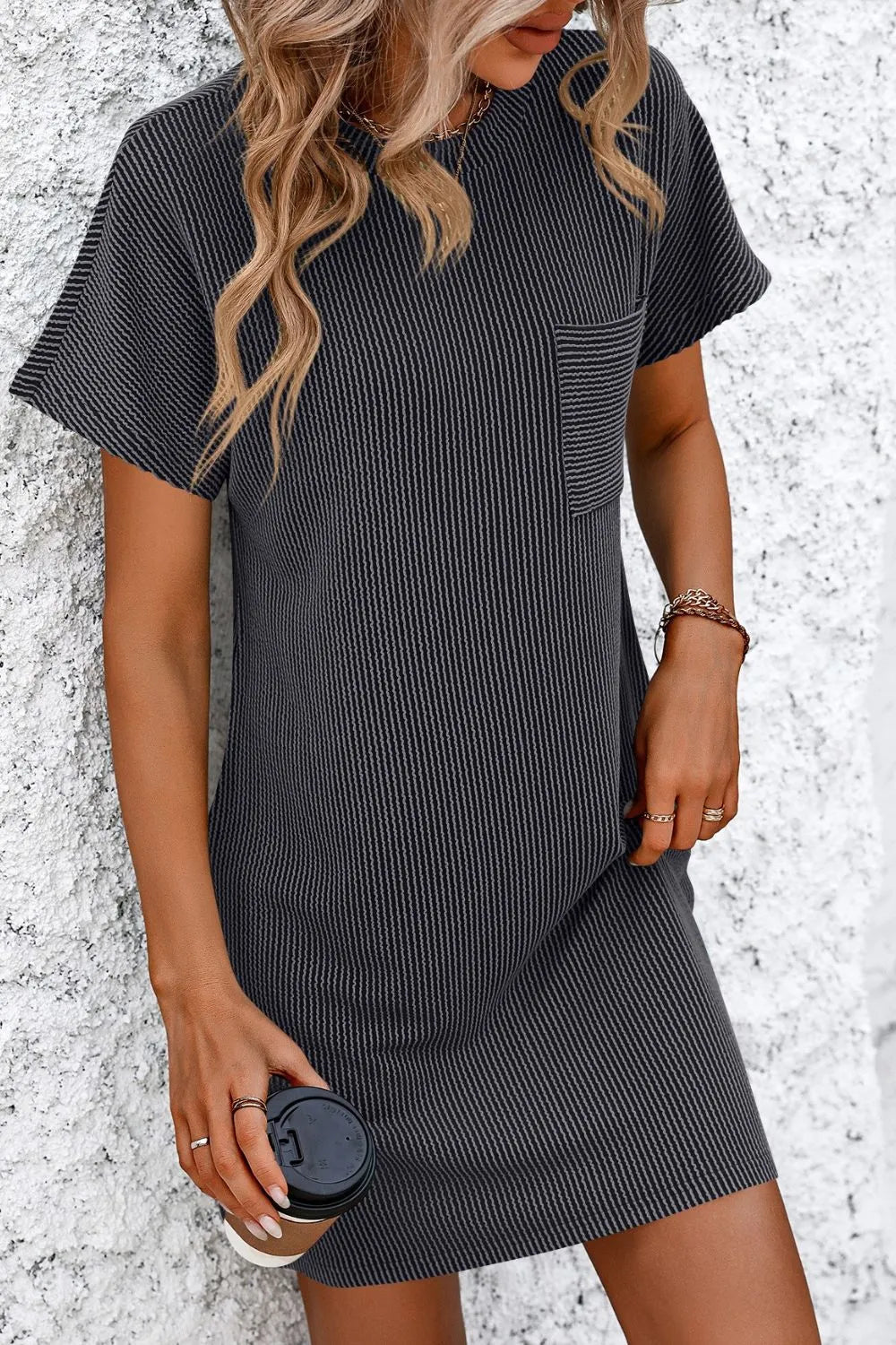 Ribbed Striped Short Sleeve Mini Tee Dress (6)
