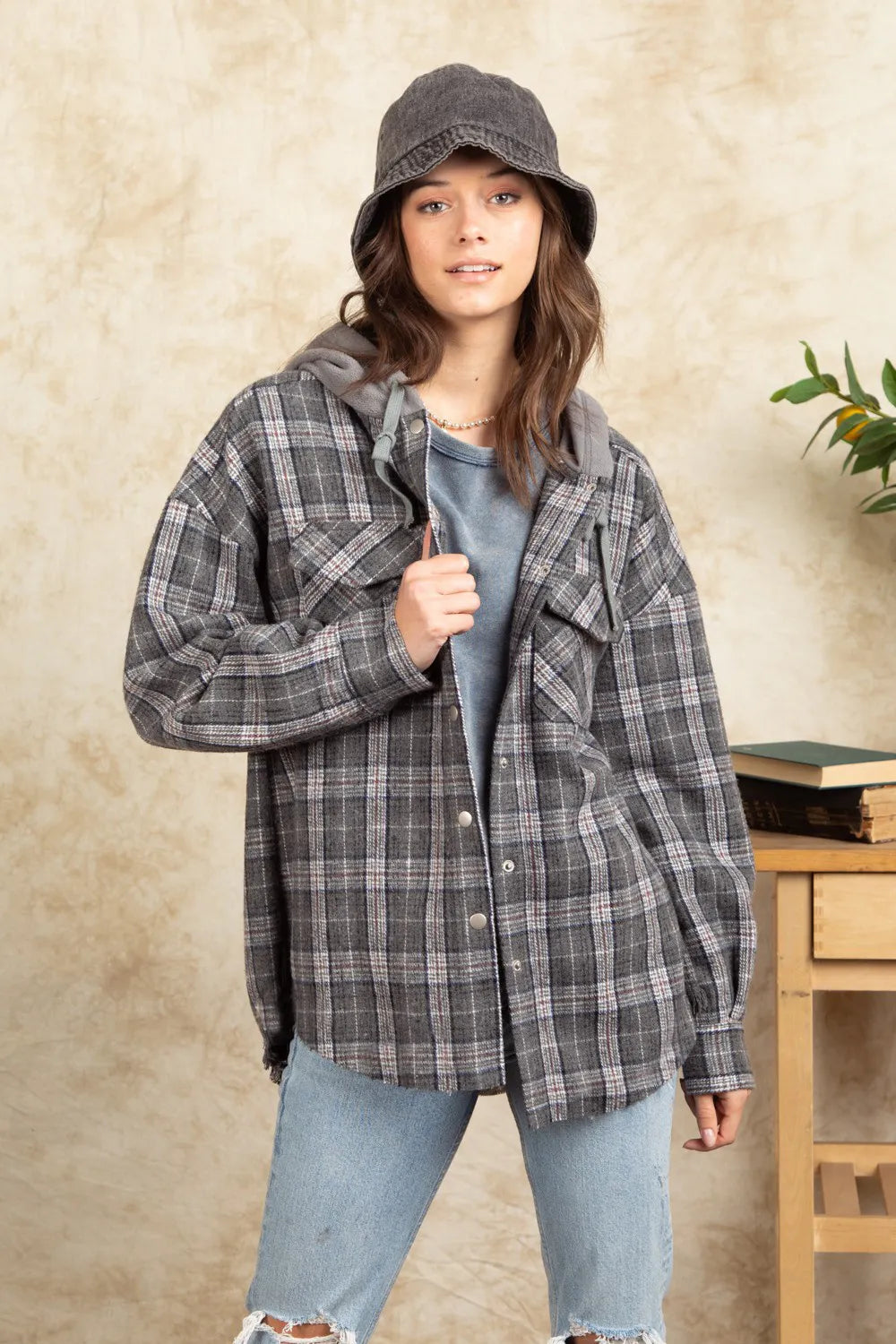 Drawstring Plaid Long Sleeve Hooded Jacket (4)