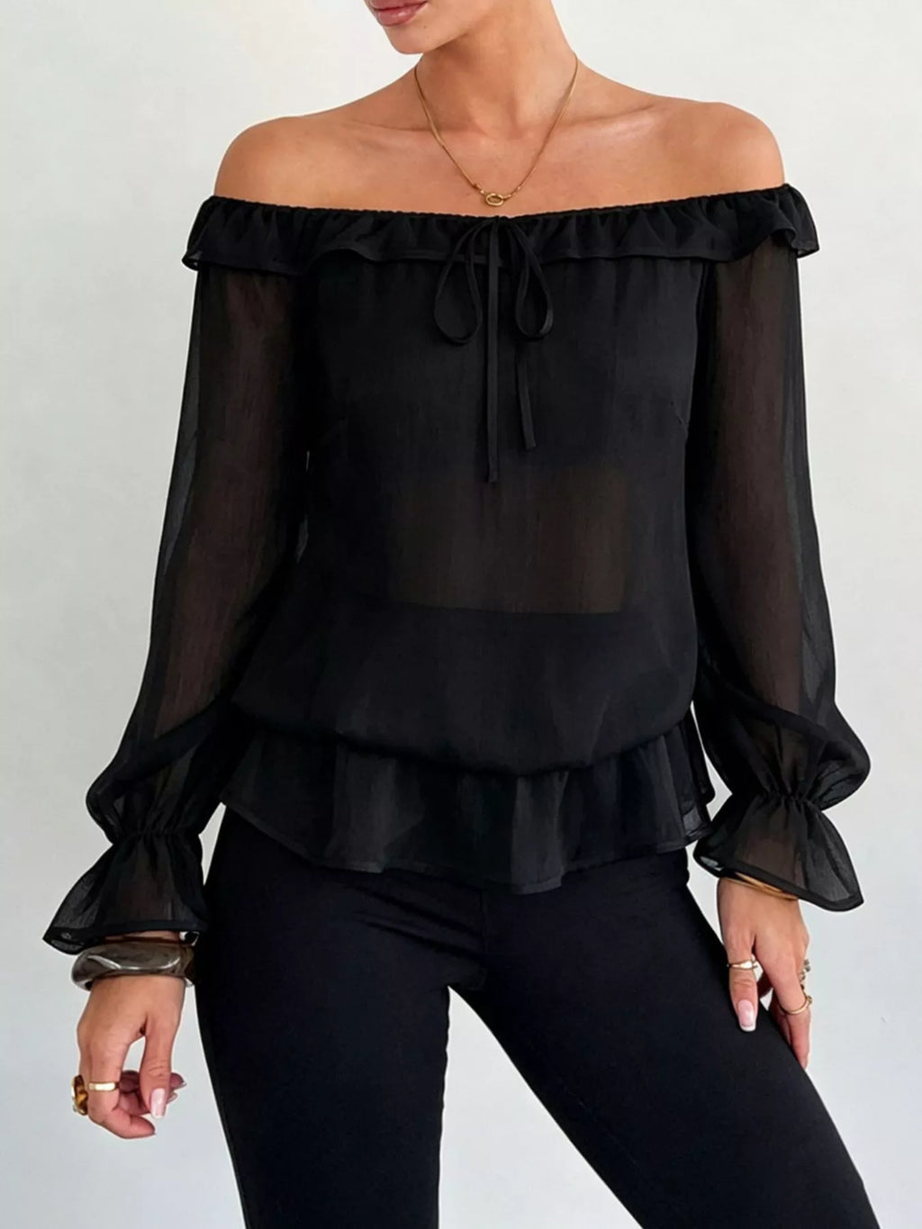 Off-shoulder Flounce Sleeve Chiffon Blouse