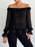 Off-shoulder Flounce Sleeve Chiffon Blouse