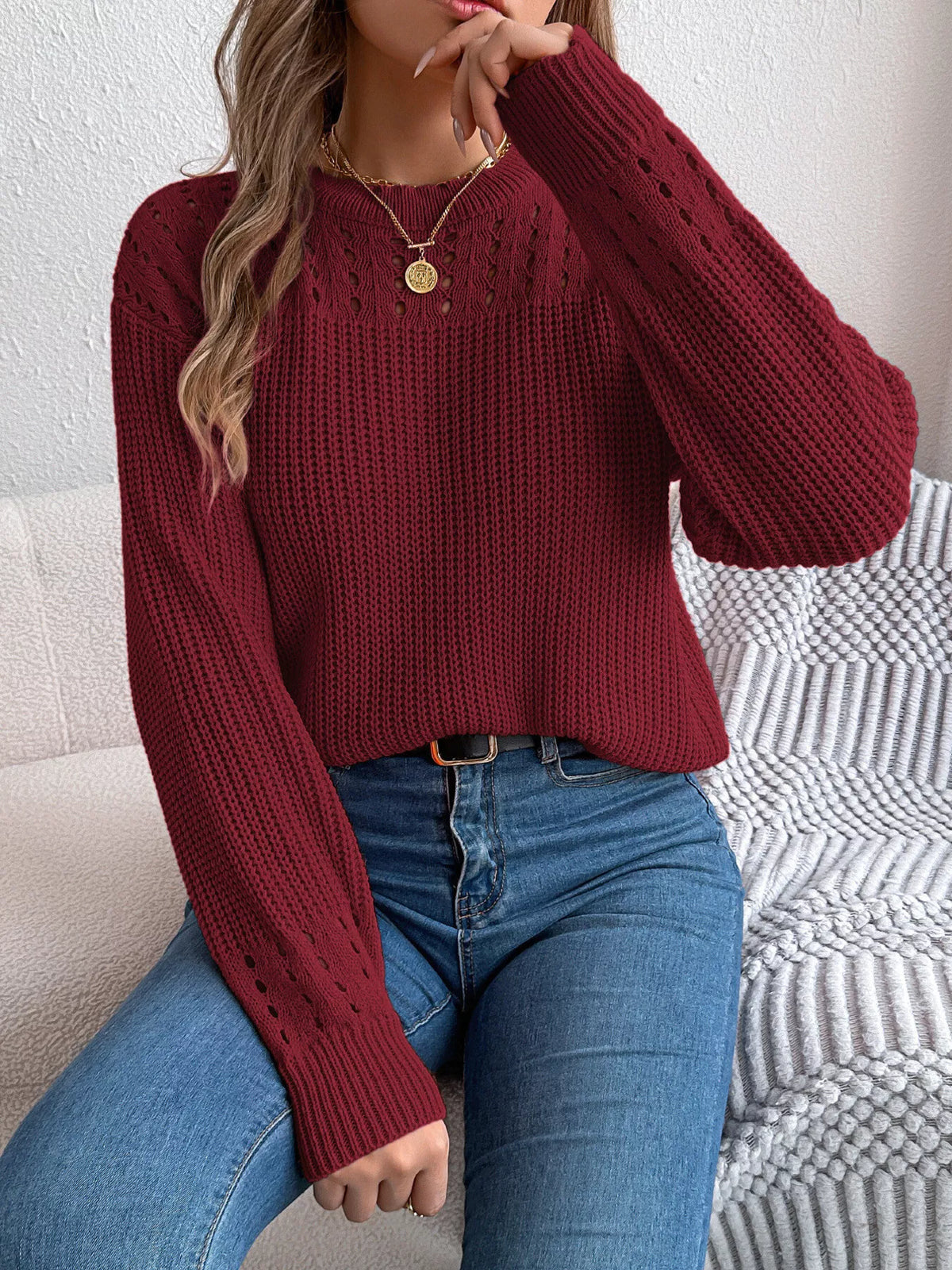 Openwork Round Neck Long Sleeve Sweater (4)