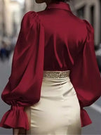 Satin Button Up Flounce Sleeve Shirt (10)